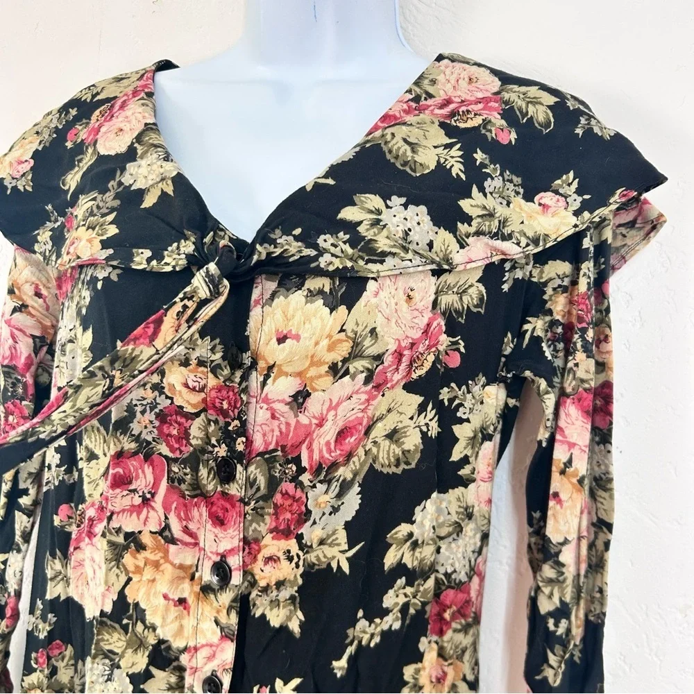 Vintage 90s Cottagecore Dark Floral Sailor Collar Midi Dress Size 7/8
